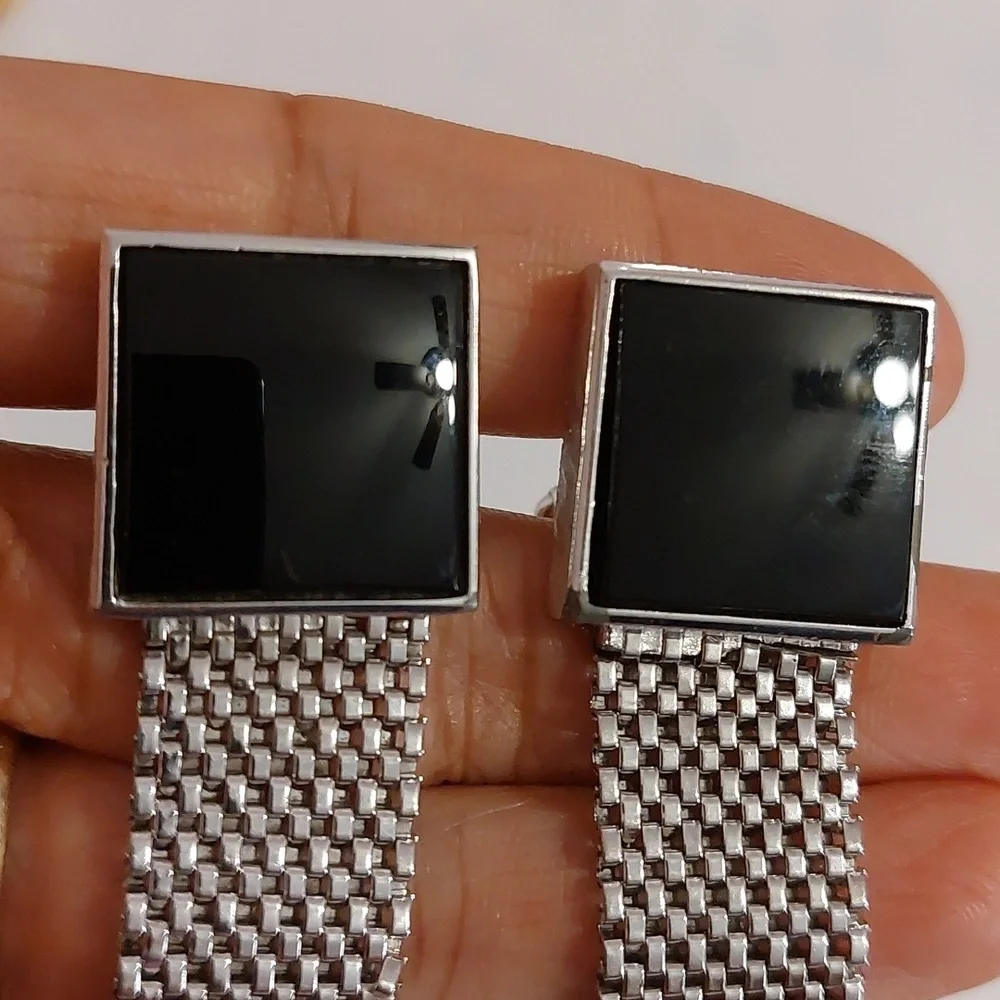 * Faux Onyx Silver Tone Square Wraparound Mesh Cufflinks